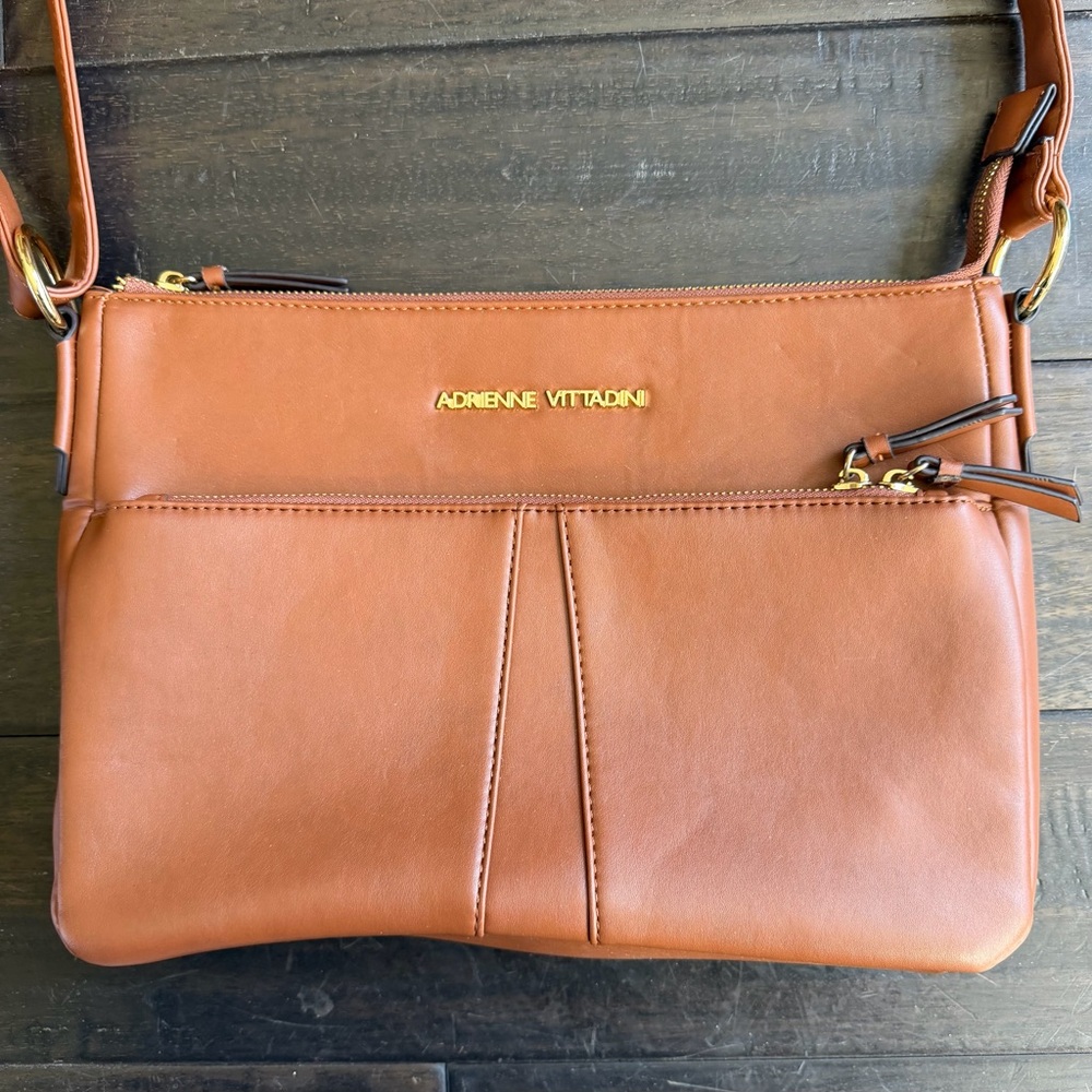 Adrienne Vittadini Brown Cognac With Gold Accents Crossbody Bag